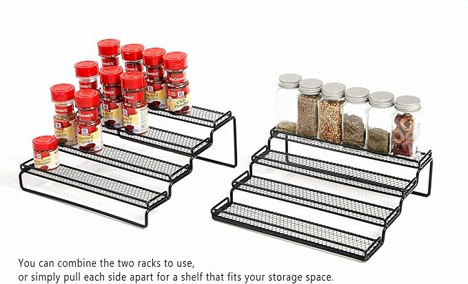 MEIQIHOME 4 Tier Expandable Spice Rack Organizer (11.4 to 22.8 Inch) Step Shelf Spice Storage Holder, for Kitchen Cabinet Countertop Cupboard Pantry, Metal, Black