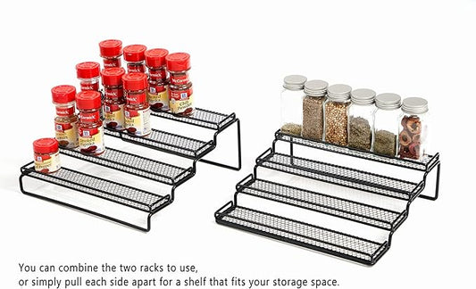 MEIQIHOME 4 Tier Expandable Spice Rack Organizer (11.4 to 22.8 Inch) Step Shelf Spice Storage Holder, for Kitchen Cabinet Countertop Cupboard Pantry, Metal, Black