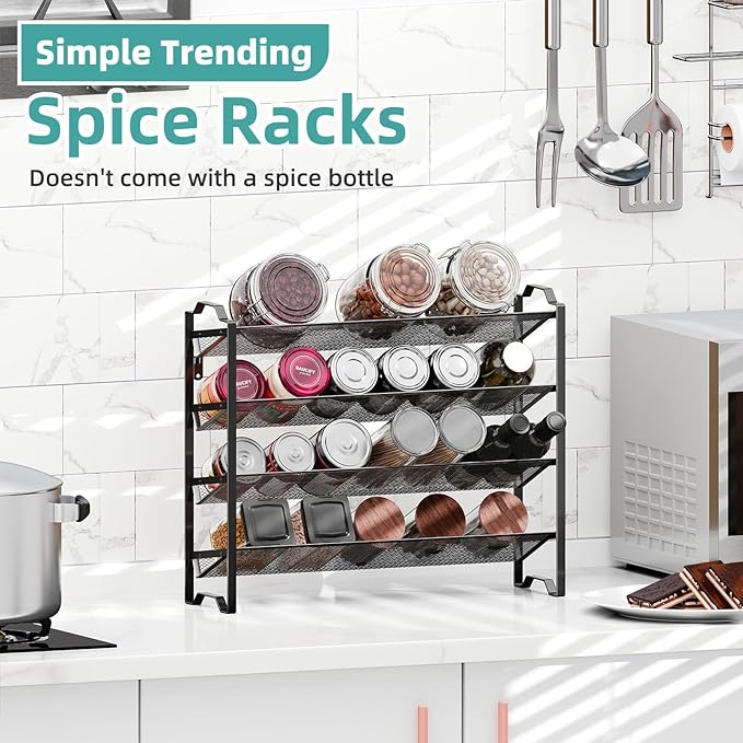 Simple Trending 2 Pack 4 Tier Spice Rack Organizer,Stackable Kitchen Counter Shelves,for Cabinet,Countertop,Pantry, Door or Wall Mount, Metal Mesh,Jars not Included, Black
