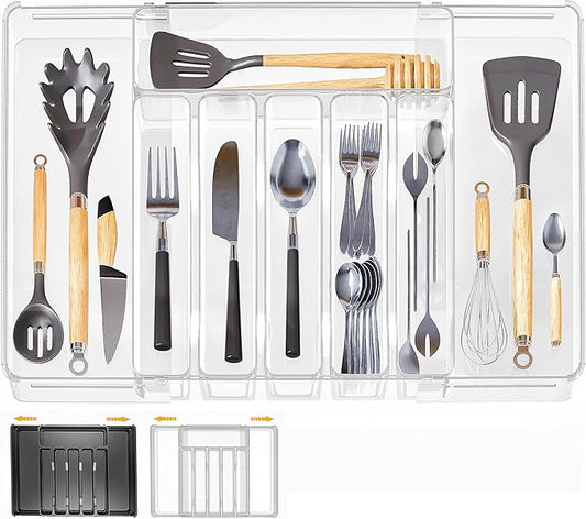 Flatware Organizer for Drawer Silverware Tray, Adjustable Food Grade Utensil Organizer Cutlery Holder for Kitchen Drawer, Heavy-Duty Plastic Storage for Spoons Forks Knives, Large, Clear