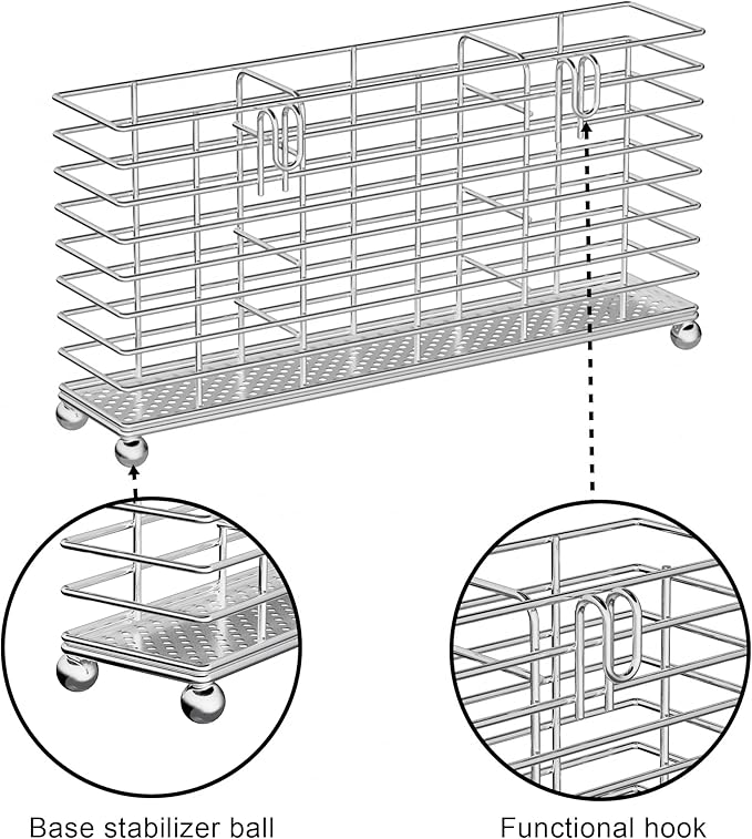 iPEGTOP Utensil Drying Rack Basket Holder for Kitchen Counter, Hanging Standing Cutlery Silverware Flatware Organizer with Hooks for Spatula Spoon, Rustproof 304 Stainless Steel