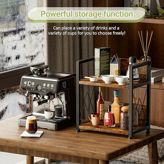 Aduanbang Coffee Bar Accessories Organizer, 2 Tier Wooden Kitchen Counter Shelf, Coffee Organizer Station for Countertop, Condiment Rack for Mugs, Cups, Cream, Syrup