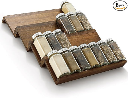 Tinamo Wood Spice Drawer Organizer - Acacia Wooden Tray Spice Racks Organizer for Cabinet Storage Shelf - 4 Tier Spice Rack Organizer for Drawer 64 Jars (Pack 4) (Walnut pack 4)