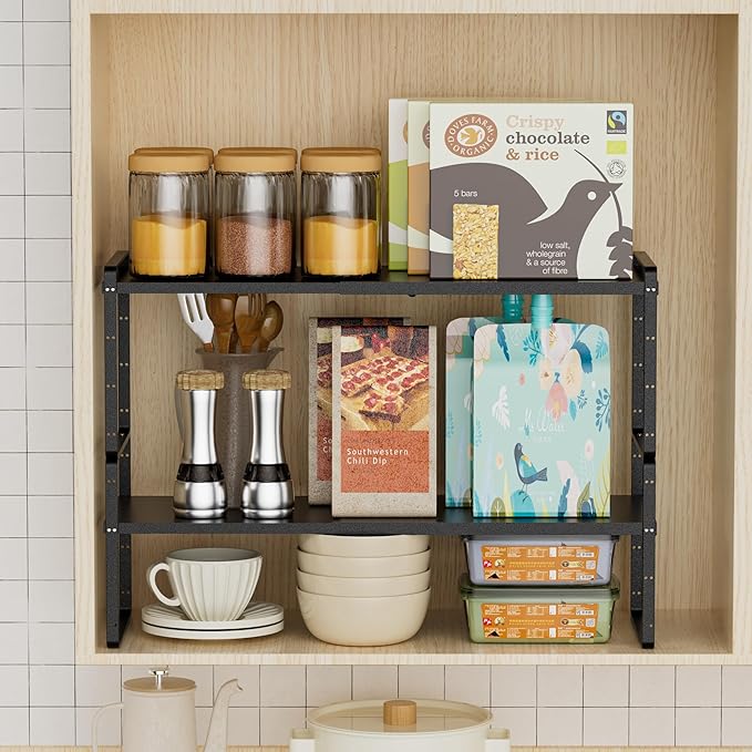 Cabinet Organizer Shelf Expandable in Cabinet Storage Shelf Kitchen Cupboard Organizer Stackable Spice Rack Kitchen Pantry Countertop Storage,8.07" D,Black