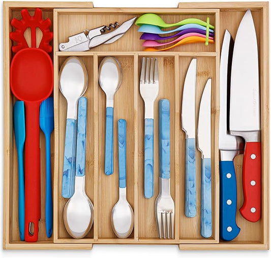 Bamboo Drawer Organizer for Silverware, Utensils, Kitchen Cutlery (14x10 inch Expands to 14x15 inch), Expandable Flatware Holder for Drawers