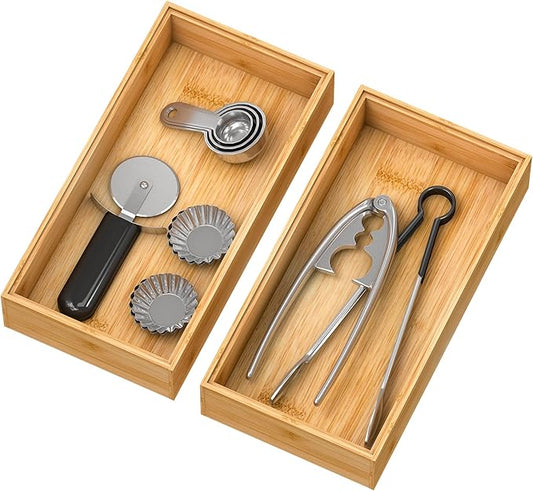 Stackable Bamboo Kitchen Drawer Organizer, Stackable Silverware Tray Utensil Organizer Holder for Kitchen Drawers, Multi-Use Storage Box for Office Desk, Makeup, Jewelry - 2 Pack, (12x6x2.5 inch）