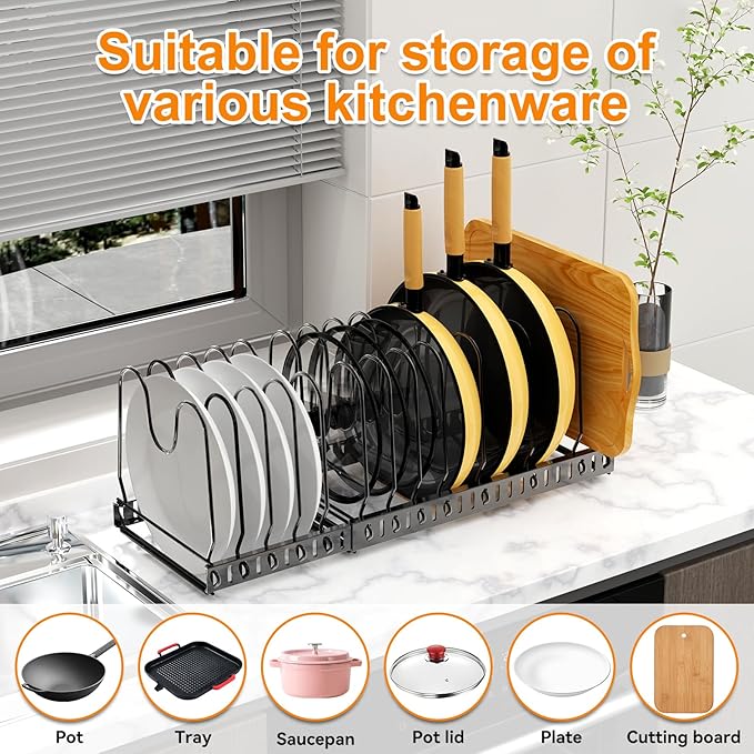 Pot And Pan Organizer Under Cabinet, Expandable Pans and Pots Organizer Rack Pot Lid Holder Shelf with 12 Different Size Dividers (12 Brackets-Black)