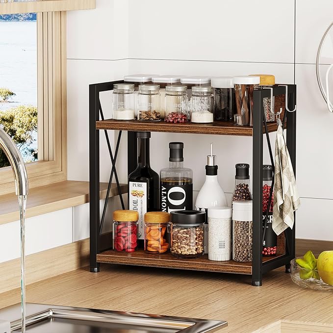 Snughome Countertop Shelf Organizer, Kitchen Counter Shelf with Hooks, 2 Tier Spice Rack for Kitchen Countertop,Coffee Station，(Rustic Brown, Large)