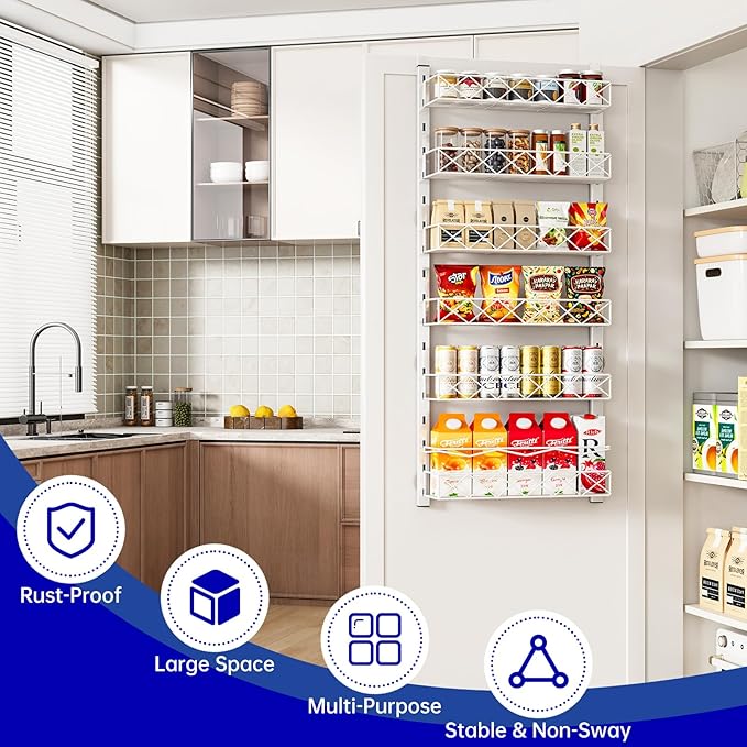 Over the Door Organizer, White 6-Tier Pantry Door Organizer with Adjustable Basket, Hanging Spice Rack Cabinet Door Shelves, Laundry Room Organization and Storage