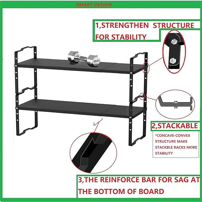 Expandable Shelf for Cabinet Organizer Adjustable Stackable Spice Rack at Kitchen and Bathroom more, Counter Countertop Cupboard Organization Pantry Storage(LARGE/1PACK/BLACK)