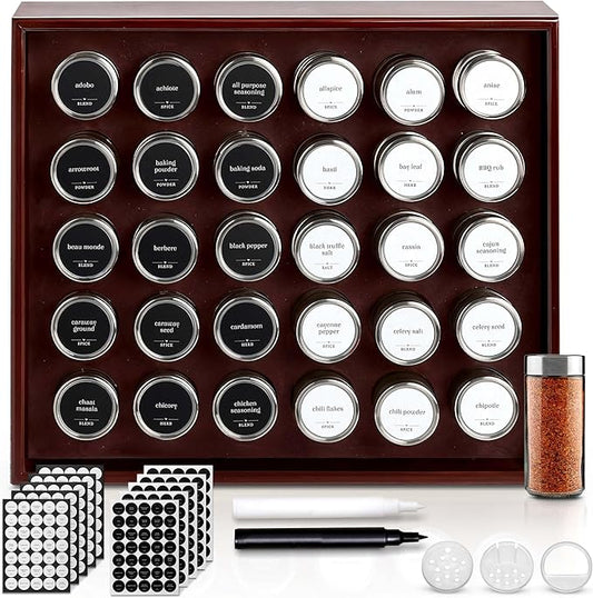 BOURBON & BARREL Wooden Spice Rack Organizer with Glass Jars | Stainless Steel Lids | Bamboo Countertop Spice Organization | 350 Waterproof Spice Labels | 2 Chalk Markers | 30 4oz Jars [Cherry]