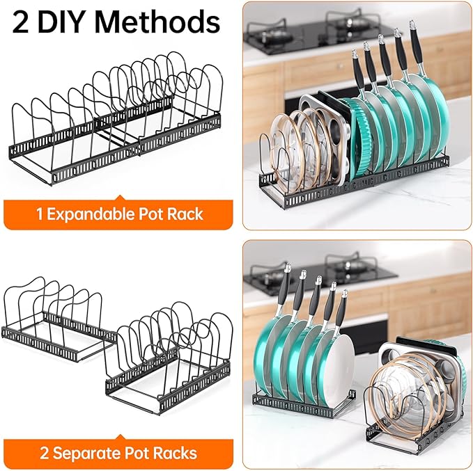 MUDEELA Expandable Pots and Pans Organizer Rack under Cabinet, Pots Lid Organizer Rack for Kitchen Cabinet Organizers and Storage with 12 Adjustable Dividers and Anti-scratch Strip