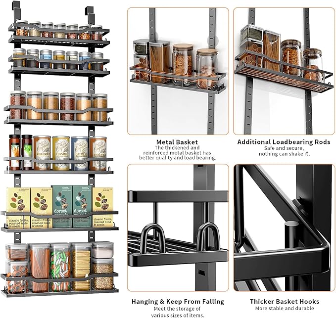 Over The Door Pantry Organizer, 6-Tier Over The Door Organizer with Adjustable Baskets, Metal Hanging Spice Rack for Pantry Organizers and Storage, Suitable for Kitchen Laundry Room & Bathroom, Black