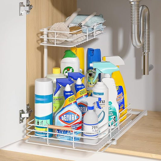 LAMU Under Sink Organizers and Storage, Pull Out Bathroom Kitchen Cabinet Organizers and Storage, 2-Tier White Under Sink Shelf Organizer Under Counter Storage Organizer