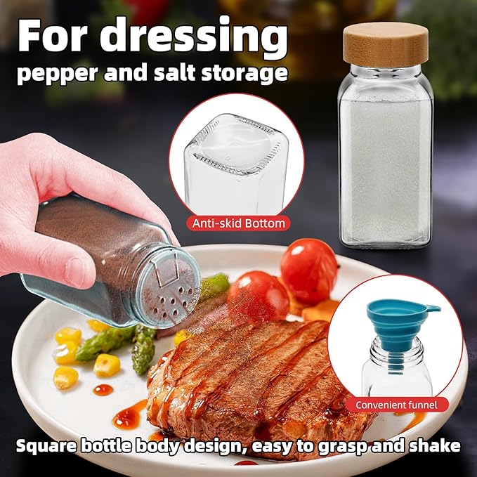 12Pcs 6oz Glass Spice Jars Bamboo Lids with Shaker Lids, Spice Jars Trial Set & Supplement Set, Empty Spice Containers and Square Spice Bottles for Kitchen (12)
