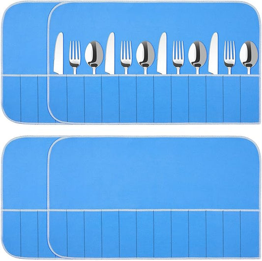 4 Pieces Silver Storage Bags Anti Tarnish Silver Protector Bags Blue Holder for Flatware Storage Organizer Place Setting Roll with White Ribbon for Kitchen Utensils