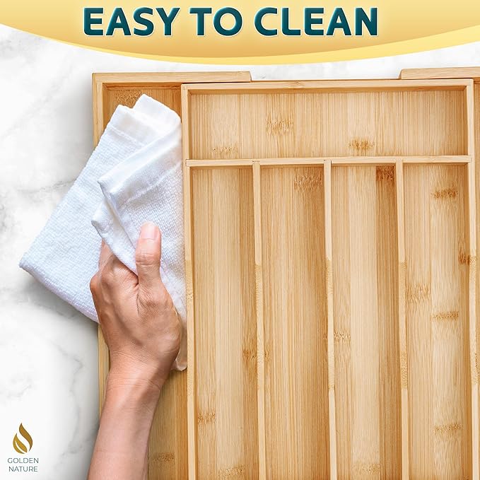 Bamboo Drawer Organizer for Silverware, Utensils, Kitchen Cutlery (14x10 inch Expands to 14x15 inch), Expandable Flatware Holder for Drawers