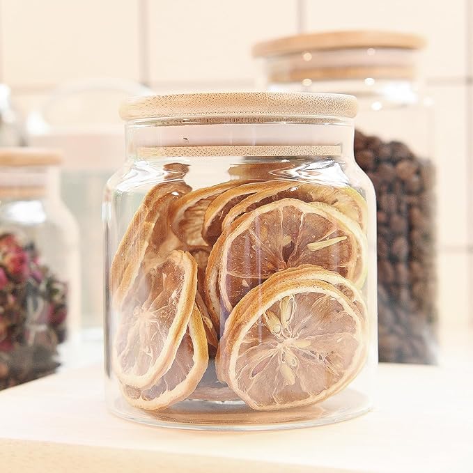17.6 fl oz Glass Storage Containers With Lids, Candy Jar, Food Storage for Kitchen Counter, Pantry, Decorative Container for Coffee, Sugar, Tea, Cute Glass Jar (Bamboo 17.6 FL OZ)