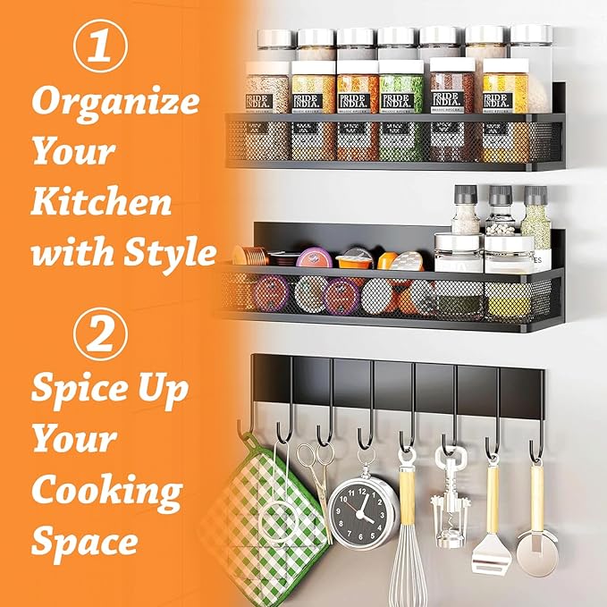 Magnetic Spice Rack for Refrigerator Organizers, 3 Tier Magnetic Shelf with Towel Rack, Square Storage Basket & Two Sticky Hooks, Kitchen Organizers