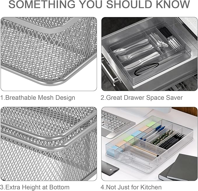 TQVAI Silverware Organizer - 6 Slots Non-Slip Mesh Kitchen Drawer Organizer - Metal Compact Utensil Cutlery Holder in Drawer Tray, Silver
