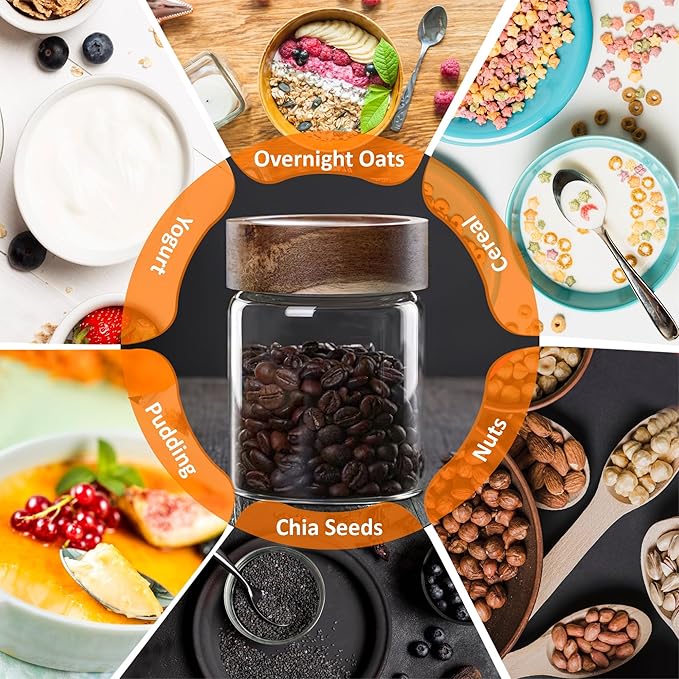 12 oz/350 ml Clear Glass Storage Canister with Airtight Wooden Lid, 4 Pack Small Overnight Oats Containers, Cute Decorative Salad Jar for Snacks Yogurt Spice Sugar Cereal Fruit Coffee Tea