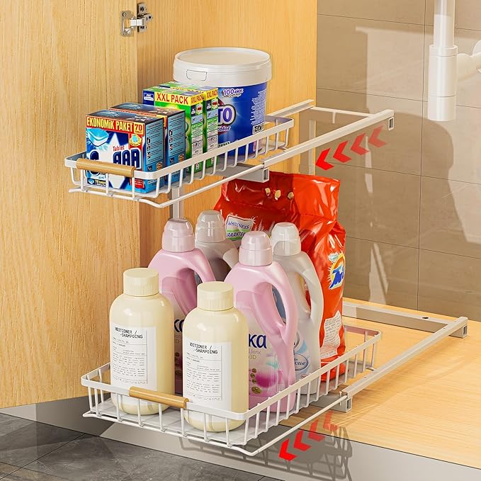 Delamu Metal Under Sink Organizer, Pull Out Cabinet Organizer, Slide Out Under Sink Storage Shelf, Undersink Organizers Shelves for Kitchen Bathroom Pantry