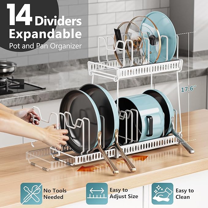 3 Pack Expandable Pan Organizer for Cabinet, Pot and Pan Organizer Under Cabinet Lid Holder Rack with 14 Adjustable Compartment for Kitchen Cabinet Cookware Baking Frying Rack (Black)