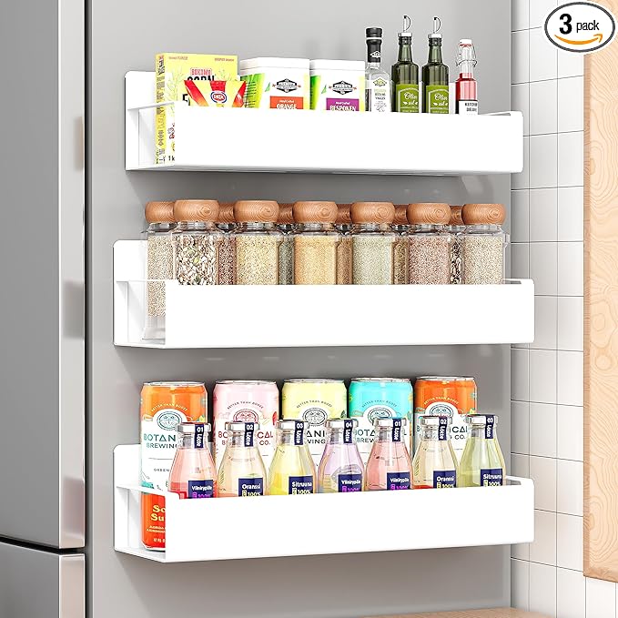 3 Pack Moveable Fridge Magnetic Spice Racks,Metal White