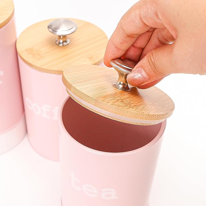 3PCS Pink Kitchen Canister Set 6.1" x 3.7" Matte Condiment Pot Metal Tin Jar Container with Bamboo Airtight Lid to Store Dry Food Spices Coffee Tea Sugar Storage Accessories for Bar Counter Farm House