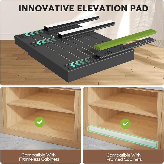 2 Pack Pull Out Cabinet Organizers 21"Deep With Raising Pad for Framed Cabinets,Expandable Slide Out Drawers Upgrade 3 Slide Rails,Roll Out Shelves Adhesive,Adjustable Width 15.2"-26.3" Black