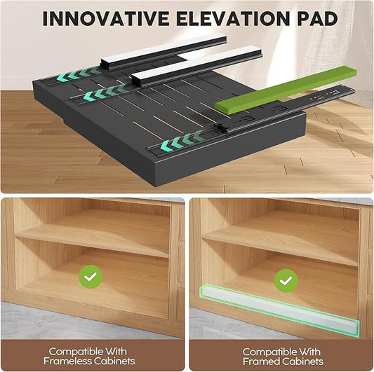 2 Pack Pull Out Cabinet Organizers 21"Deep With Raising Pad for Framed Cabinets,Expandable Slide Out Drawers Upgrade 3 Slide Rails,Roll Out Shelves Adhesive,Adjustable Width 15.2"-26.3" Black