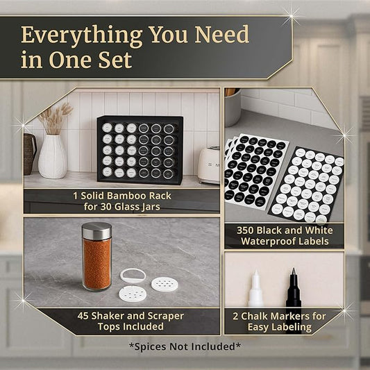 BOURBON & BARREL Wooden Spice Rack Organizer with Glass Jars | Stainless Steel Lids | Bamboo Countertop Spice Organization | 350 Waterproof Spice Labels | 2 Chalk Markers | 30 4oz Jars [Black]