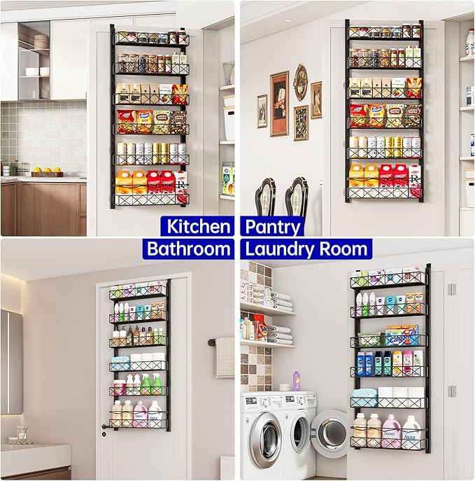 Over the Door Organizer, Black 6-Tier Pantry Door Organizer with Adjustable Basket, Hanging Spice Rack Cabinet Door Shelves, Laundry Room Organization and Storage