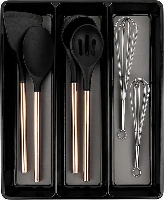 Kitchen Utensils Organizer Utensil Tray Holder Large Non-Slip Cutlery Drawer Organizer 3 Compartment Multi-Purpose Home Organization (Black)
