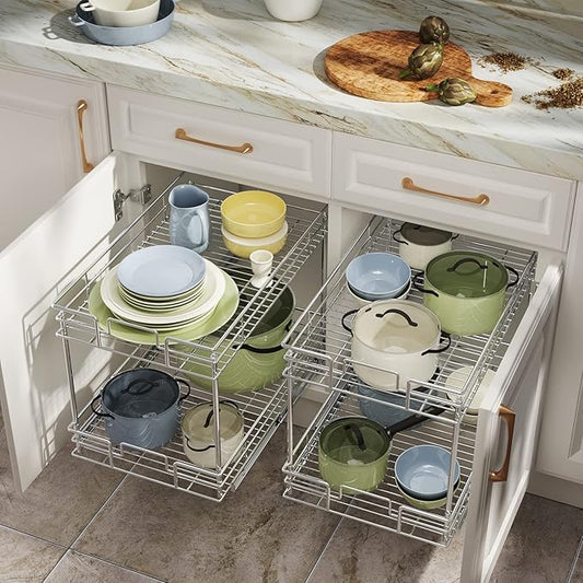 LOVMOR 2-Tier Pull Out Cabinet Organizer, 17" W x 18" D, Chrome Pull Out Drawer for Base Cabinet Silver