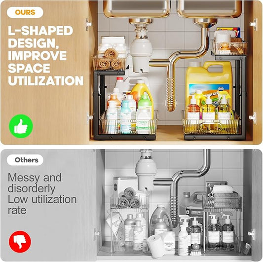 2 Pack Under Sink Organizer, 2-Tier Pull Out Cabinet Organizer, Elegant Acrylic Under Sink Storage Shelf for Kitchen Bathroom Cabinet, L-Shaped Adjustable Height for Maximum Space Efficiency-Black