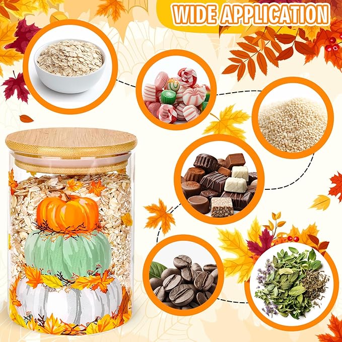 3Pcs Fall Glass Storage Jars Colorful Pumpkin Pile Clear Canisters Sets with Airtight Bamboo Lid for Farmhouse Autumn Thanksgiving Home Kitchen Countertop Decor