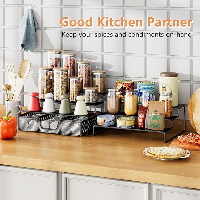 Simple Trending Spice Rack Organizer for Cabinet, 2 Pack 3 Tier Seasoning Organizer, Expandable Shelf, Step Storage Holder, Kitchen Cabinet Countertop, with Sliding Drawer, Metal, Black