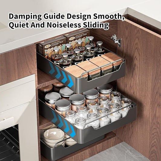 Pull out Cabinet Organizer,Nano adhesive fixing without harming cabinets,Slide out drawer storage rack for plates and spice bottles in kitchen and living room,12.2" W *16.9" D* 2.75" H