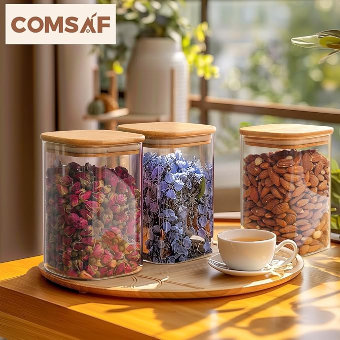 ComSaf 37oz Glass Storage Containers with Lids, Glass Jars with Lids, Clear Food Storage Jar, Square Glass Canister Set of 9, Pantry Organizers and Storage for Cookie Flour Oat Pasta Tea Coffee Bean