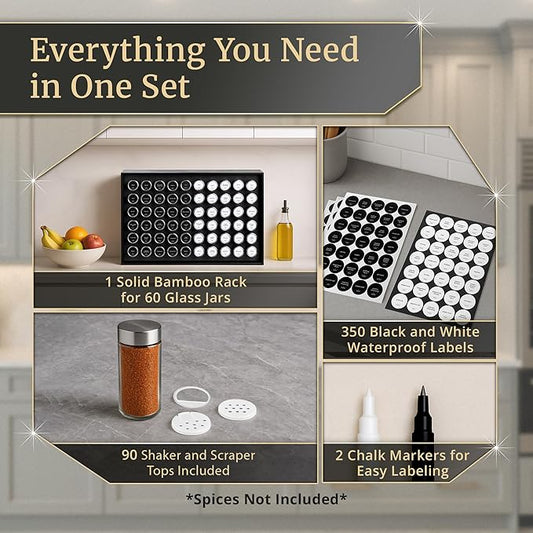 BOURBON & BARREL Wooden Spice Rack Organizer with Glass Jars | Stainless Steel Lids | Bamboo Countertop Spice Organization | 350 Waterproof Spice Labels | 2 Chalk Markers | 60 4oz Jars [Black]