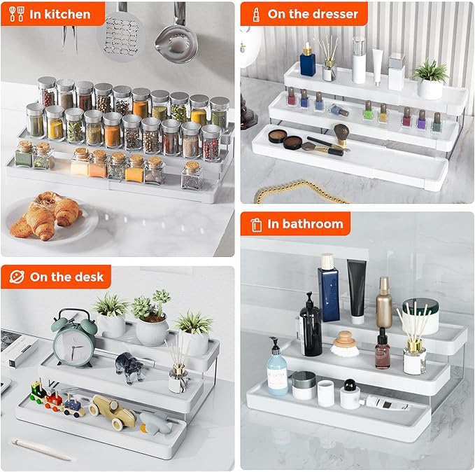 Expandable Spice Rack Organizer for Cabinet - 3 Tier Adjustable Cabinet Spice Organizer Easy Visibility - Spice Organizer for Cabinet Countertop Cupboard Pantry Organization (White)