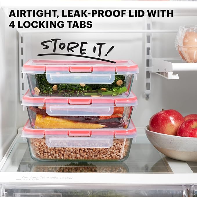 Pyrex Freshlock (3-Pack, 6 Cup) Glass Food Storage Containers Set, Airtight & Leakproof Locking Lids BPA-Free, Meal Prep Containers Set, Freezer Dishwasher Microwave Safe