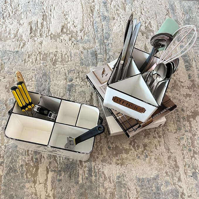 Distressed White, Portable Versatile Metal Storage Caddy Organizer with 6 Compartments & Handle - Perfect for Organizing Kitchen Utensils, Office Supplies, Bathroom Essentials & Bedroom Knick-Knacks