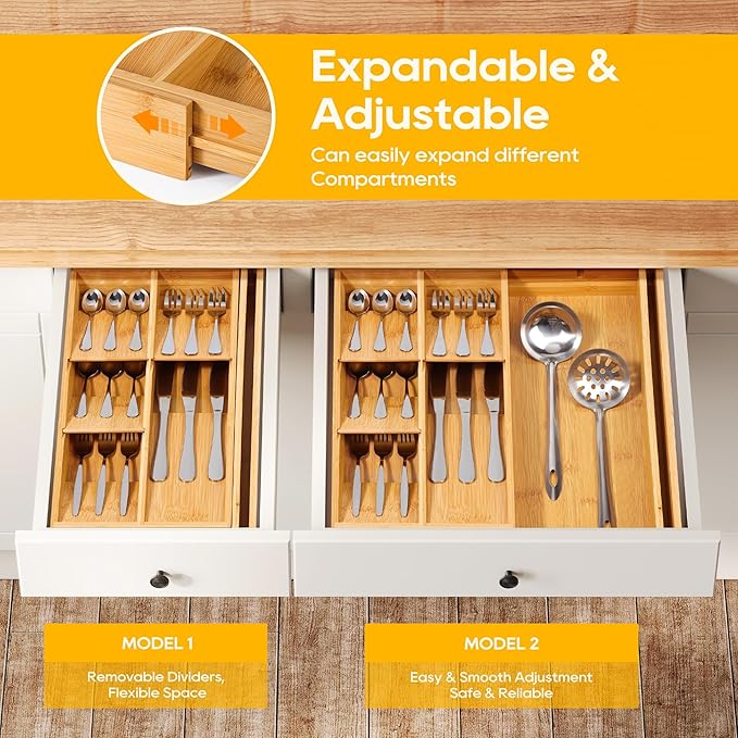 Bamboo Silverware Drawer Organizer Tray, Removable Dividers and Expandable Kitchen Utensil Tray for Different Dimension Flatware, Spoons, Forks, Knives (Natural,7 Slots)