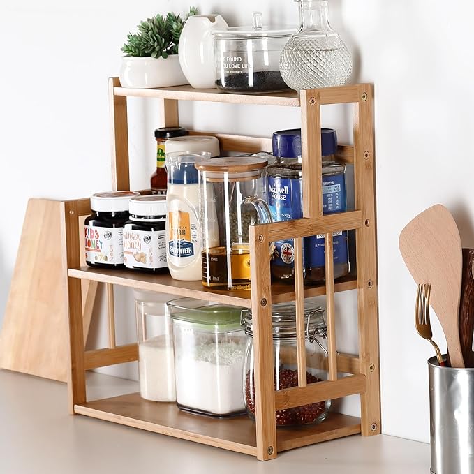 HYNAWIN Bamboo Spice Rack Kitchen Countertop Organizer Storage Shelves-3 Tier Standing Pantry Shelf with Adjustable Shelf