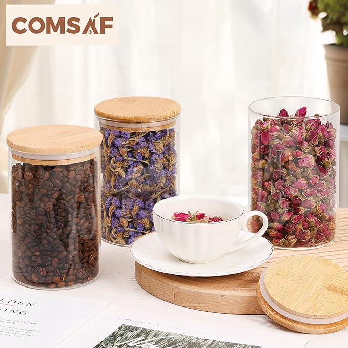 ComSaf 32oz Glass Storage Containers with Lids, Glass Jars with Lids, Clear Food Storage Jar, Round Canister Set of 6, Pantry Organizers for Cookie Pasta Flour Rice Tea Coffee Bean