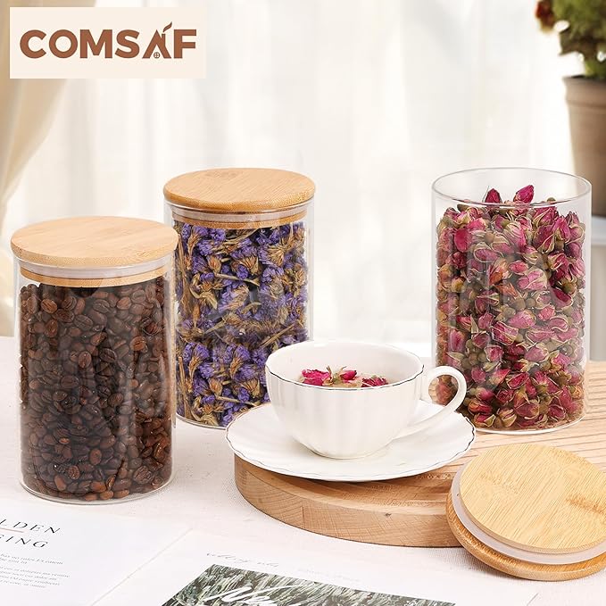 ComSaf 32oz Glass Storage Containers with Lids, Glass Jars with Lids, Clear Food Storage Jar, Round Canister Set of 6, Pantry Organizers for Cookie Pasta Flour Rice Tea Coffee Bean