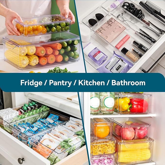4 Piece Refrigerator Organizer Bins, Clear Fridge Organizers and Storage, Stackable with Lids, Food Storage Containers for Fruit, Vegetable, Drinks, Cereals