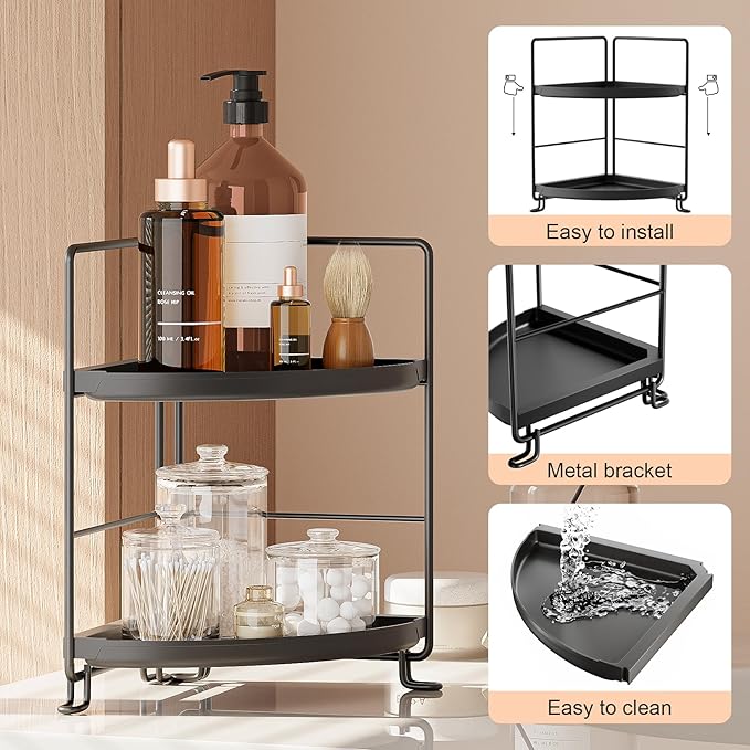 2 Tier Corner Bathroom Countertop Organizer, Tool-Less Installation Vanity Tray for Skincare Makeup Perfume Organizer, Small Plastics Counter Bathroom Storage and Organization (Black)